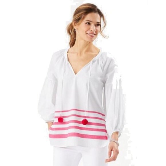 Tommy Bahama Tops - Tommy Bahama Pom 3/4 Sleeve white Cotton Top blouse size XS